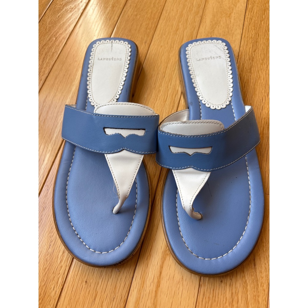 Lands End Blue nauticalâ loafer slides leather sandals costal flip flop 8.5